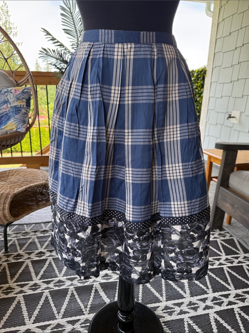 Noa Noa | Blue Plaid Viscose Skirt w Contrast Floral  Cotton Hem